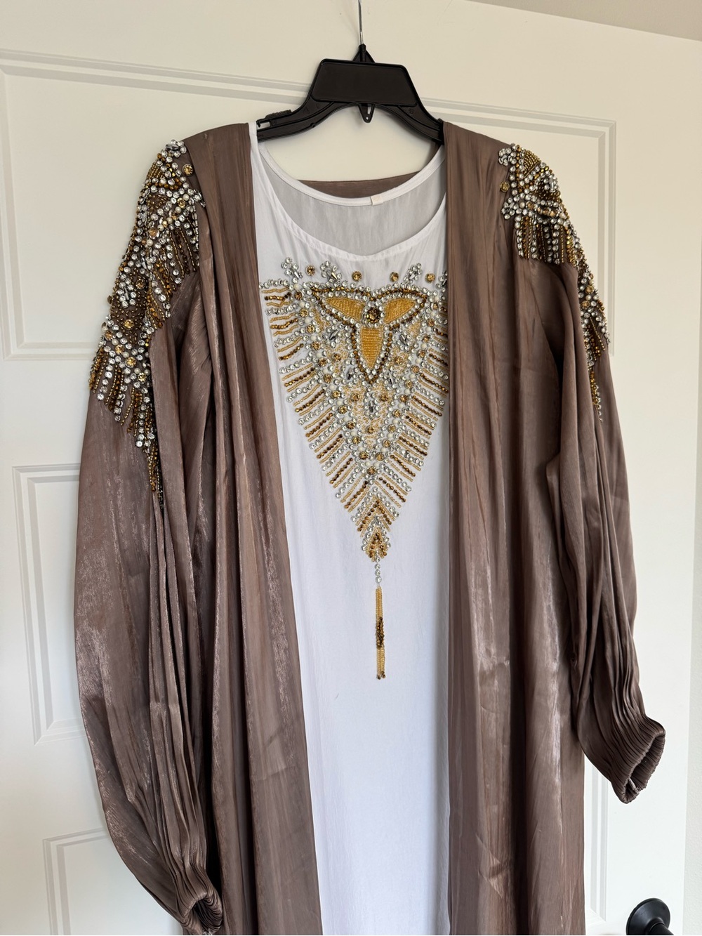 Taupe Embellished Open-Front Abaya Dress with Gold & Crystal Detail